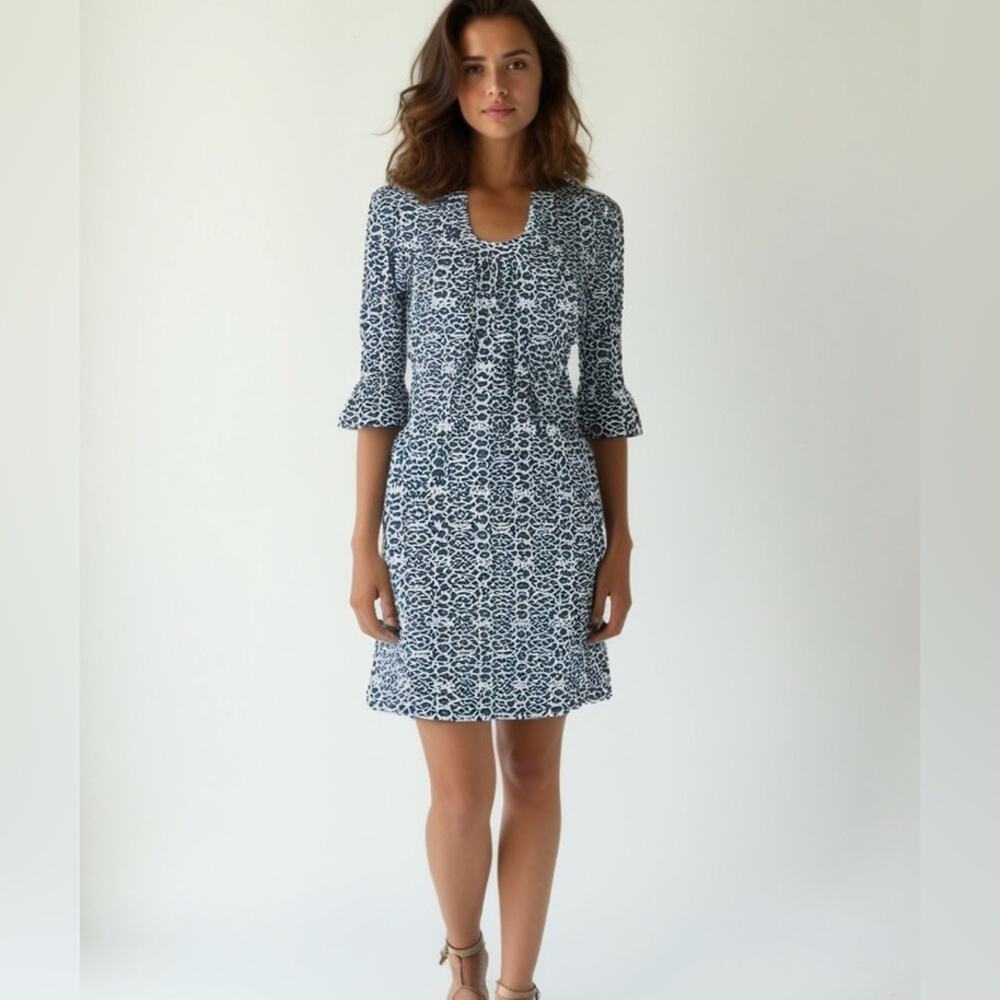 Aryeh Women's Blue Geometric Tunic Shift Dress 3/4 Sleeve Size S